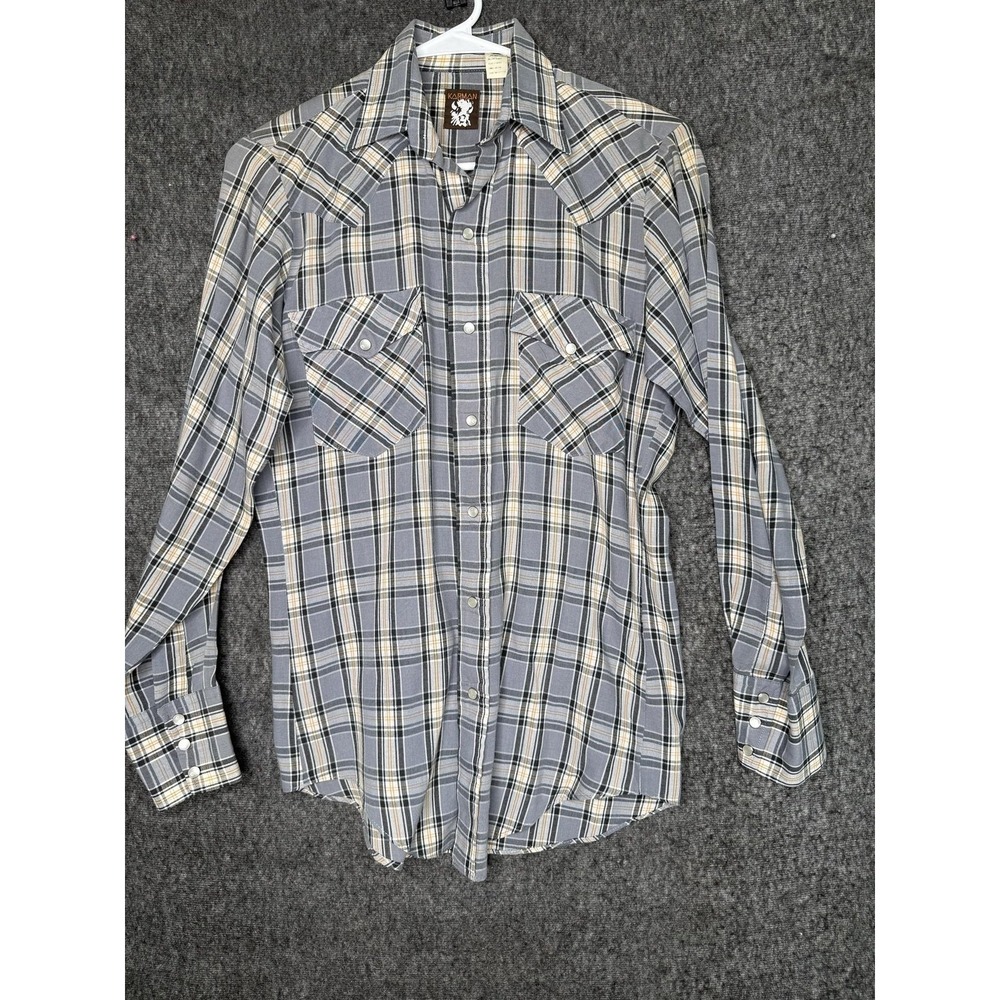 Karman Shirt Mens Medium Gray Plaid Western Pearl Snap Long Sleeve Cowboy